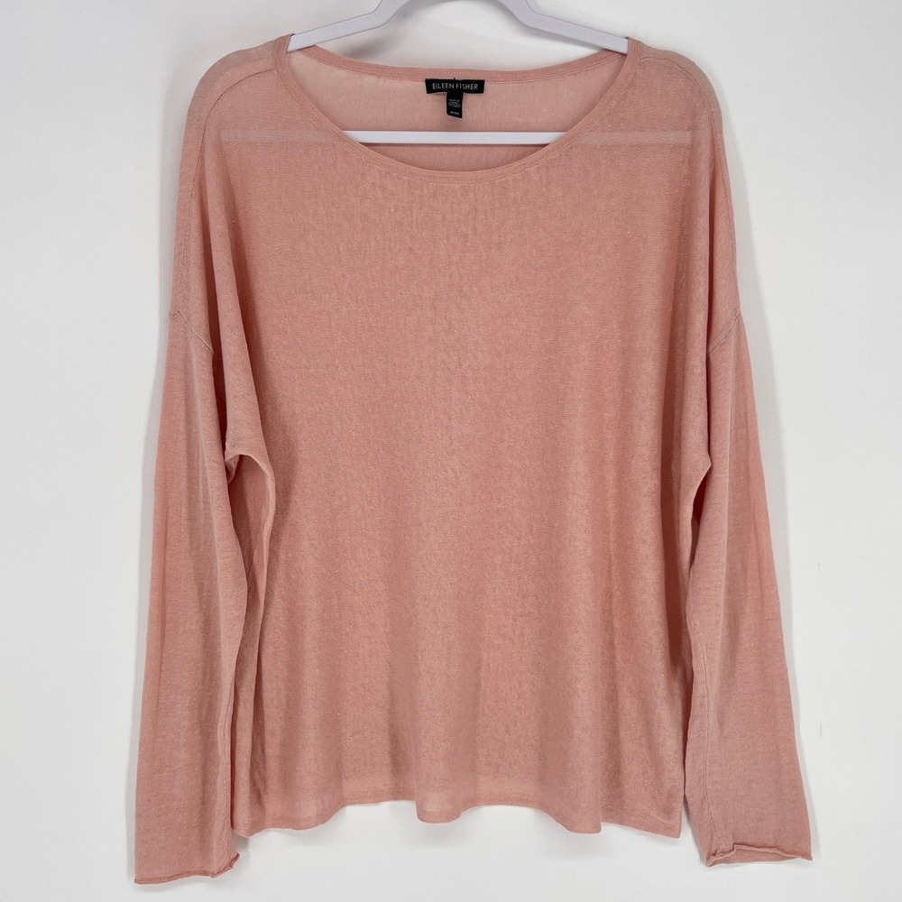 Eileen Fisher Organic Linen Blend Boxy Top M Pink Peach Sheer Knit Long Sleeve - Picture 2 of 6